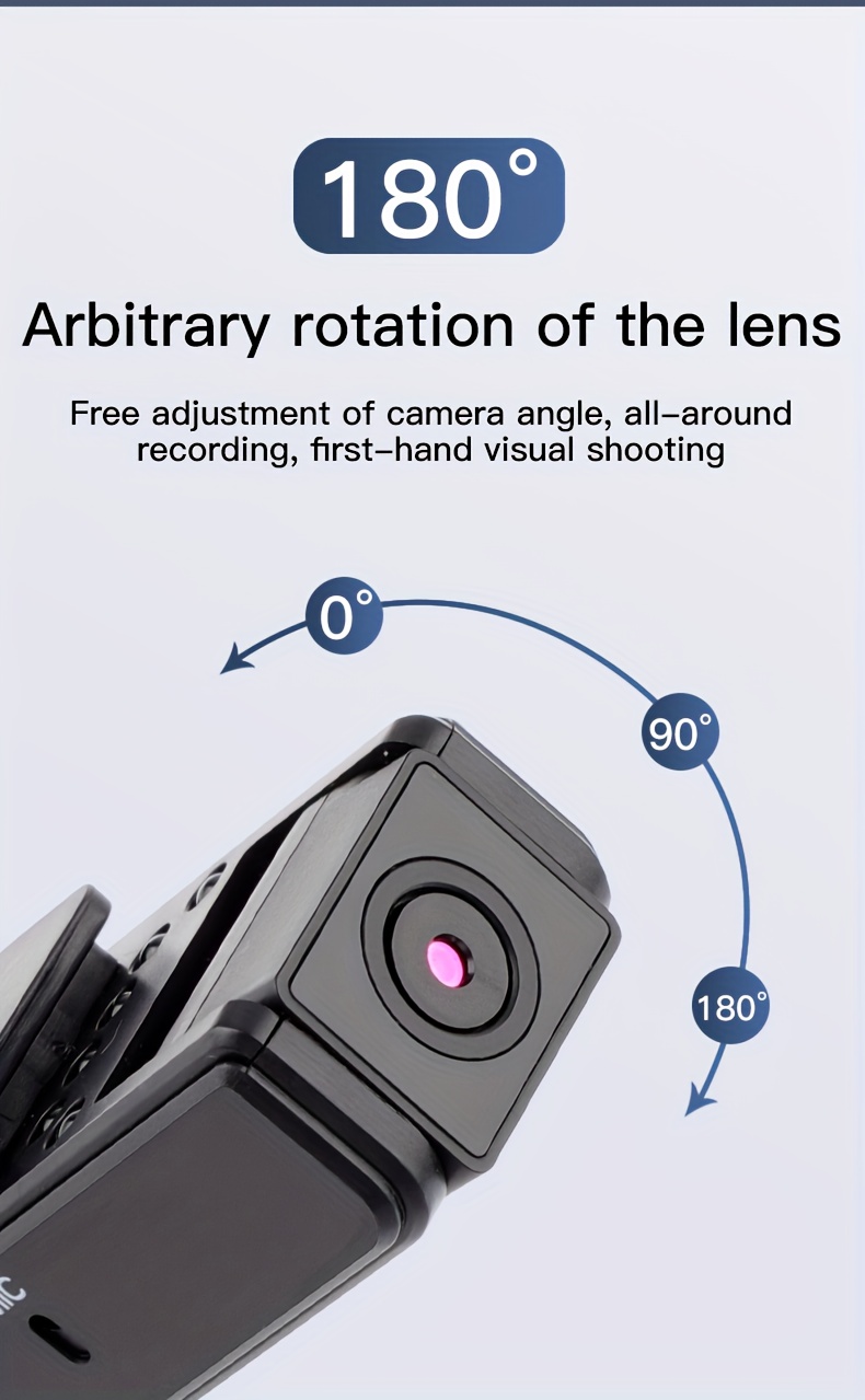 High-definition wearable human body camera with audio and night vision functions - 180° rotatable lens, 180° rotatable camera, supports a 32GB TF card slot, USB/power charging, ABS compact design, suitable for sports, outdoor adventures, travel (black), portable camera, Mini Body Cameras