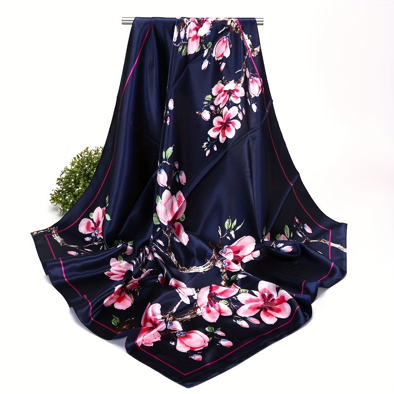 

Luxurious Navy Blue Floral Satin Square Scarf - Silky Polyester, Fashionable & Large Shawl With Pink And Elegant , Lightweight & Smooth For Stylish Accessory, Elegant | Scarf|woven Fabric, Hair Scarf