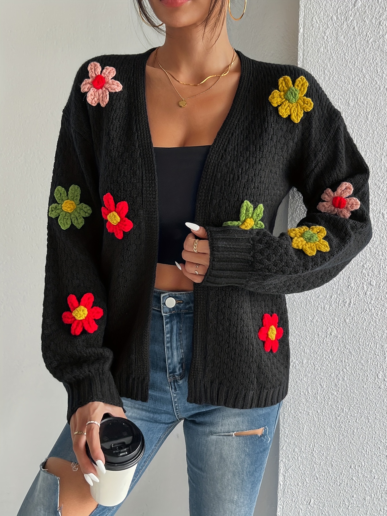 casaco de malha com floral cardigan de Temu Brazil