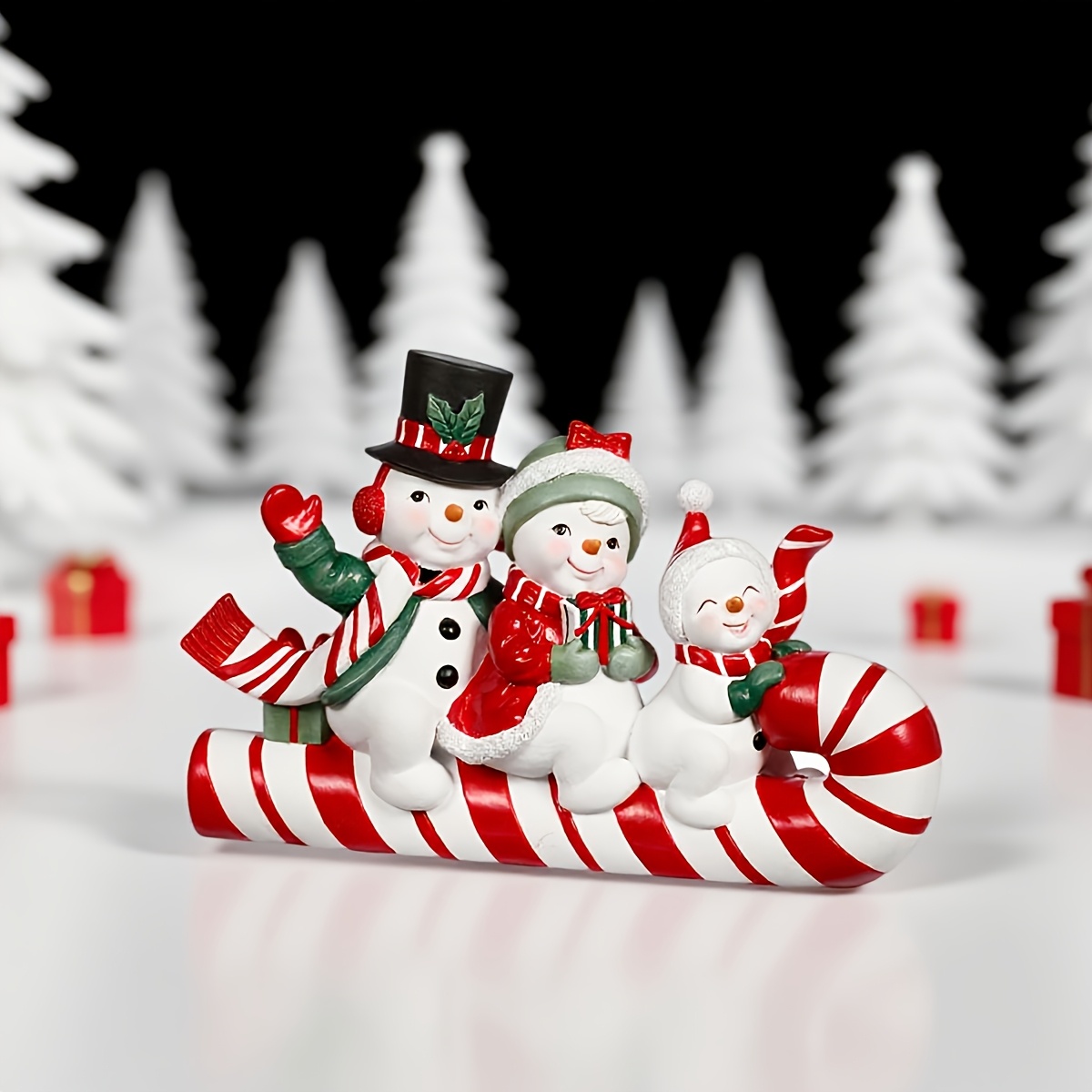 TEMU 1pc Snowman Sitting On Candy Cane - Christmas Desktop Decor Resin Snowman Home Ornaments - Candy Cane Sled For Home Countertops, Christmas