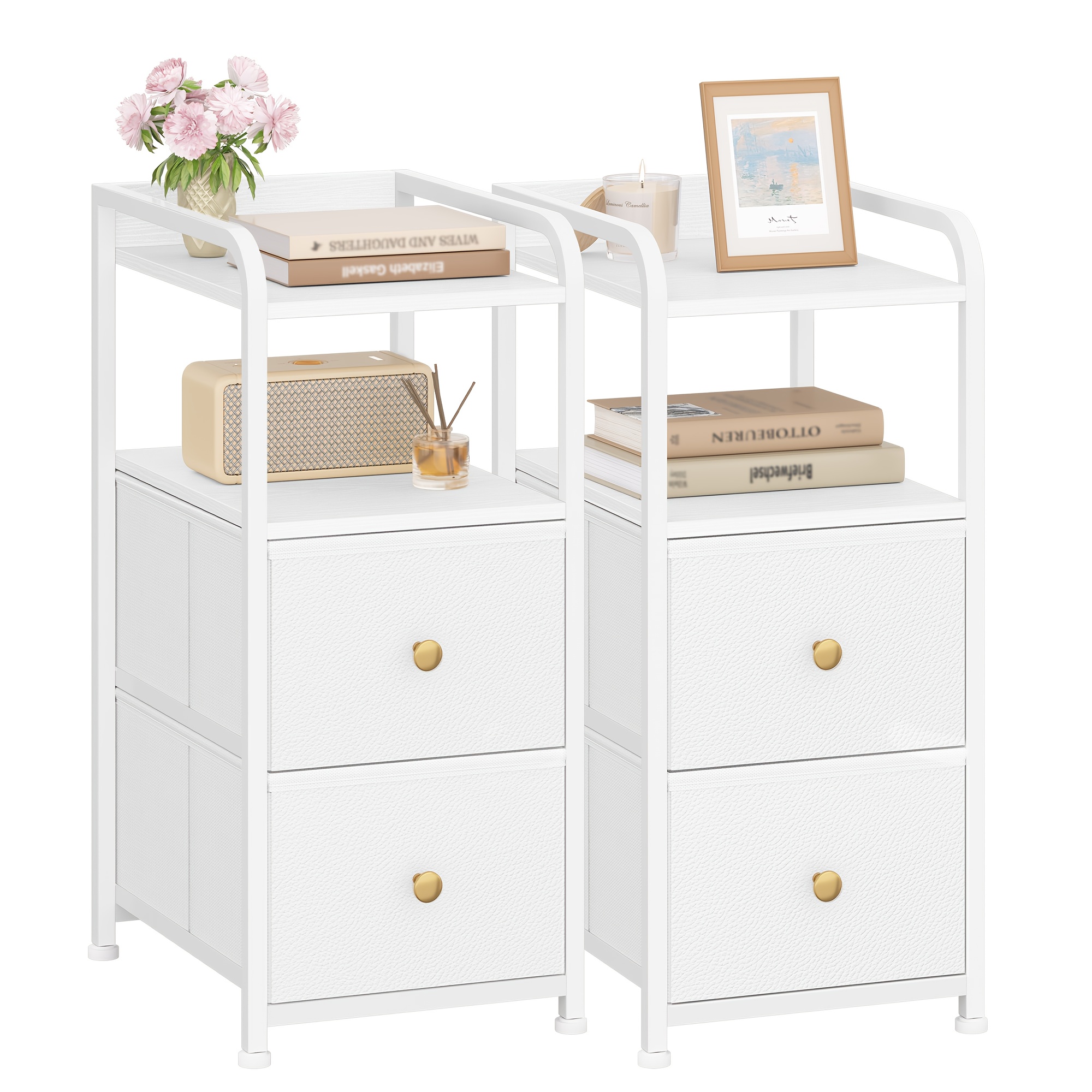 Set Of 2 Narrow Bedside Tables Featuring 2 Drawers And An Open Compartment, Designed To , Suitable For Bedrooms And Living Rooms, Measuring 35 X 27 X 60 Cm, In White