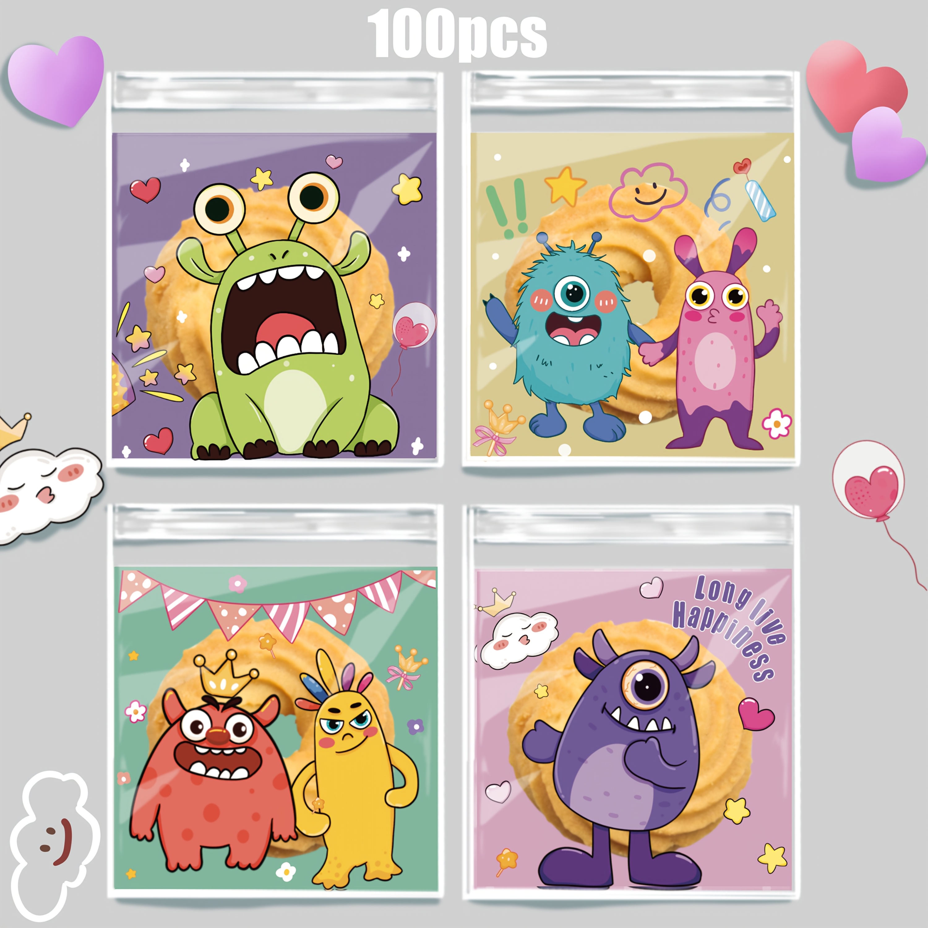 E-shop 100 Sortierte Cartoon Monster mit großen Augen Serie Selbstklebende Beutel zur Verpackung von gebackenen Keksen, Snacks und Süßigkeiten