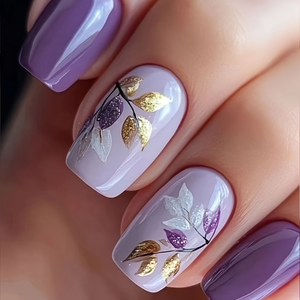 TEMU 24pcs Square Press-on Nails Set, New Handmade High-end Fashionable Style With Maple Leaf Design For Women And S, Glossy Finish, European , False