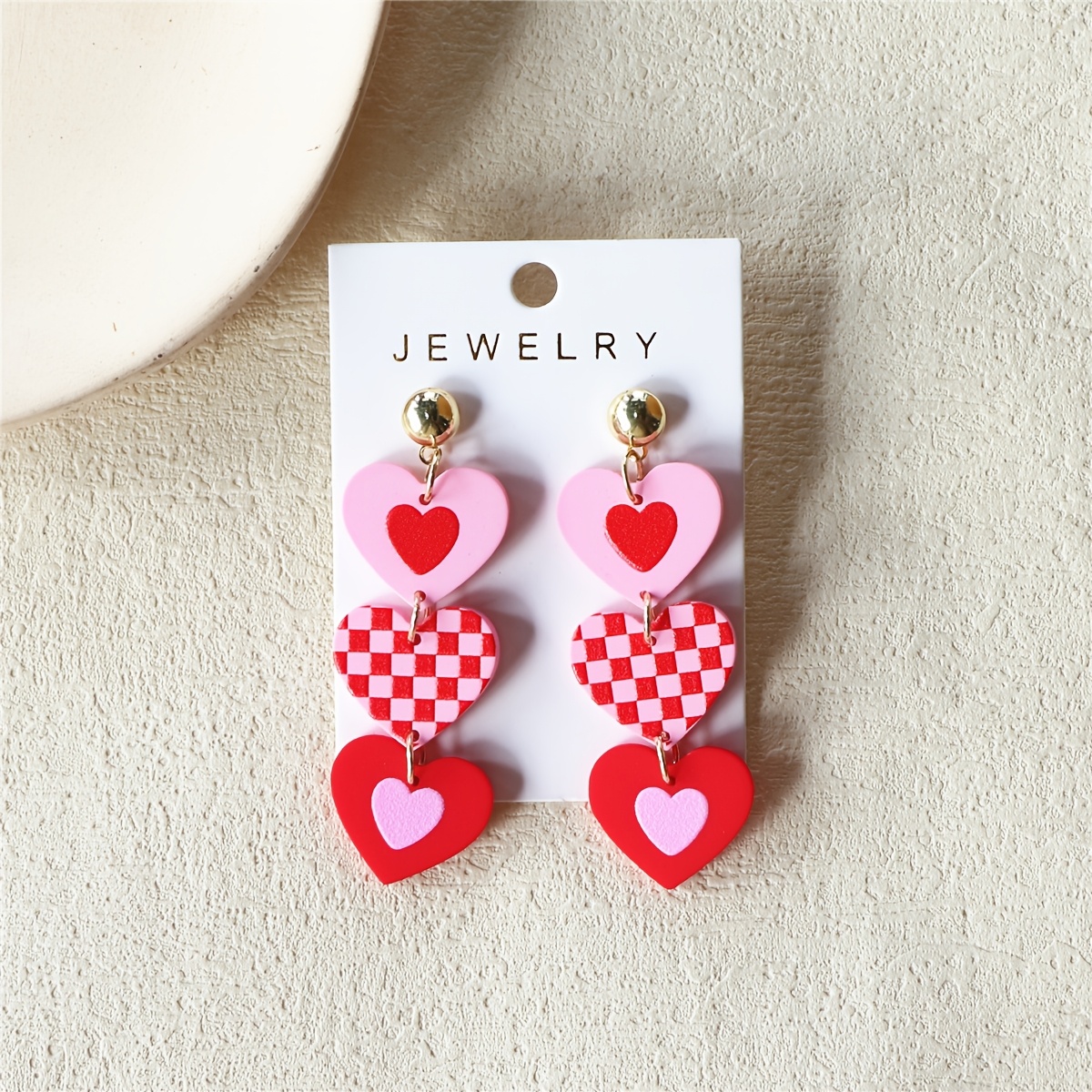 

1 Pair Women's Valentine's Day Checkerboard Heart Print Clay Texture Long Romantic Sexy Holiday Party Acrylic Earrings