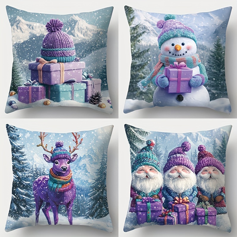 

4-pack Christmas Pillowcases, 17.7x17.7 Inches, Contemporary Style, Polyester, Single-sided Print, Zipper Closure, Hand Wash Only, Sofa Cushion Covers, Deer & Snowman Design, Living Room Decor