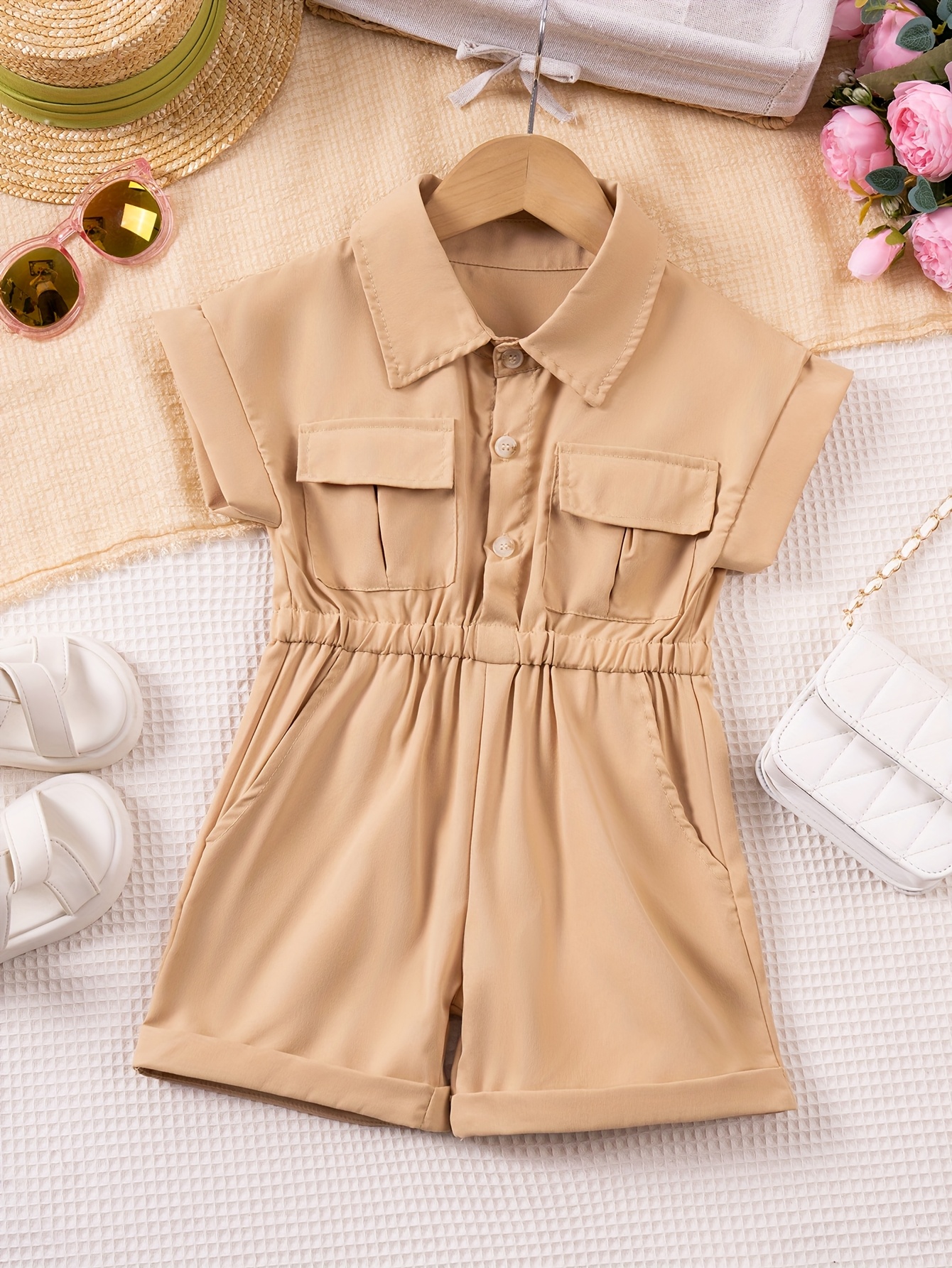1pc girls summer olive green cargo jumpsuit casual retro short sleeve romper with button   flap pockets drawstring waist lightweight polyester machine washable girls jumpsuit   outdoor khaki 0