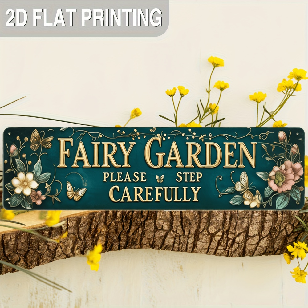 TEMU 2d Flat, 2d Flat Vintage "fairy Garden - Please Tread " Aluminum Sign - Fun Floral Wall Art, Rustic Farmhouse Decor, Suitable For Garden, Porch,