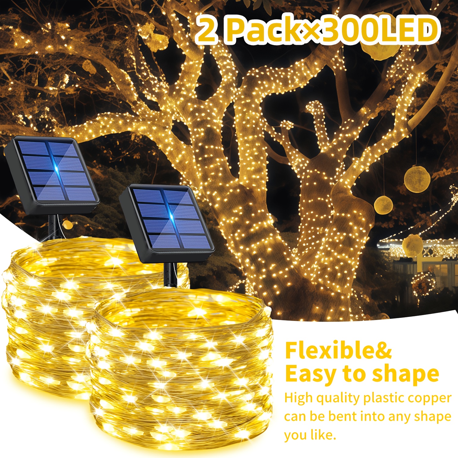 TEMU Lot de 2 guirlandes solaires d'extérieur 32M/300 LED, 12 , fil argenté, -, capteur de lumière marche/arrêt automatique, s' automatiquement ,
