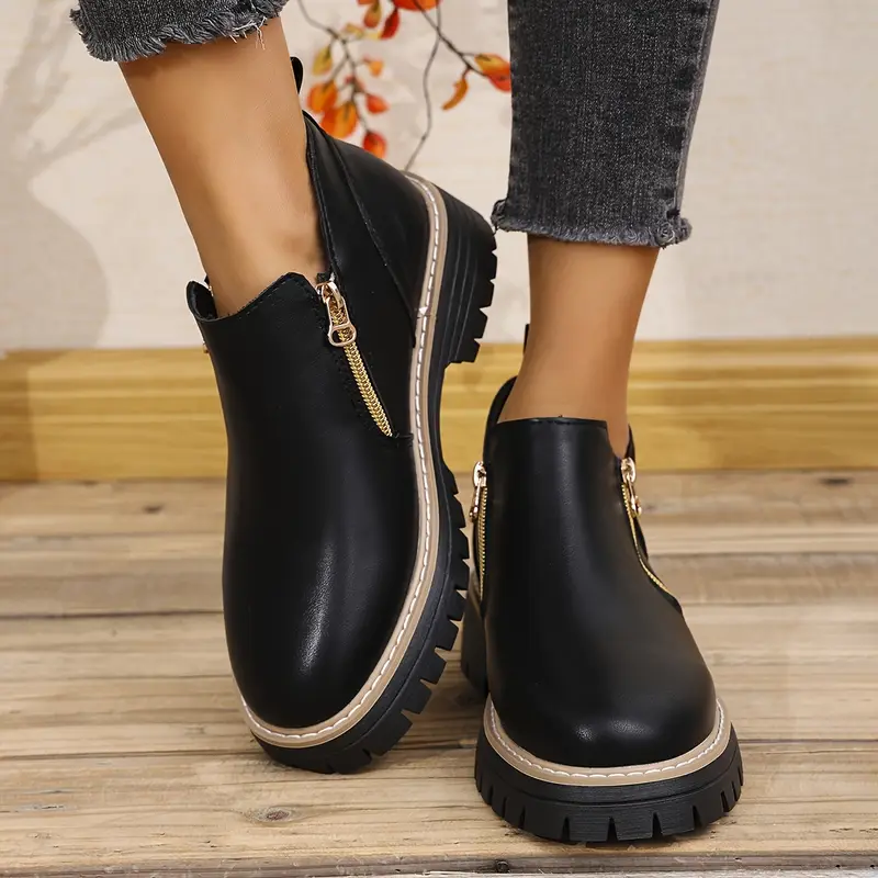 1pr womens classic british style ankle boots solid black pu comfortable season round toe low platform heel dual zipper breathable casual shoes with tpr sole and fabric insole details 2