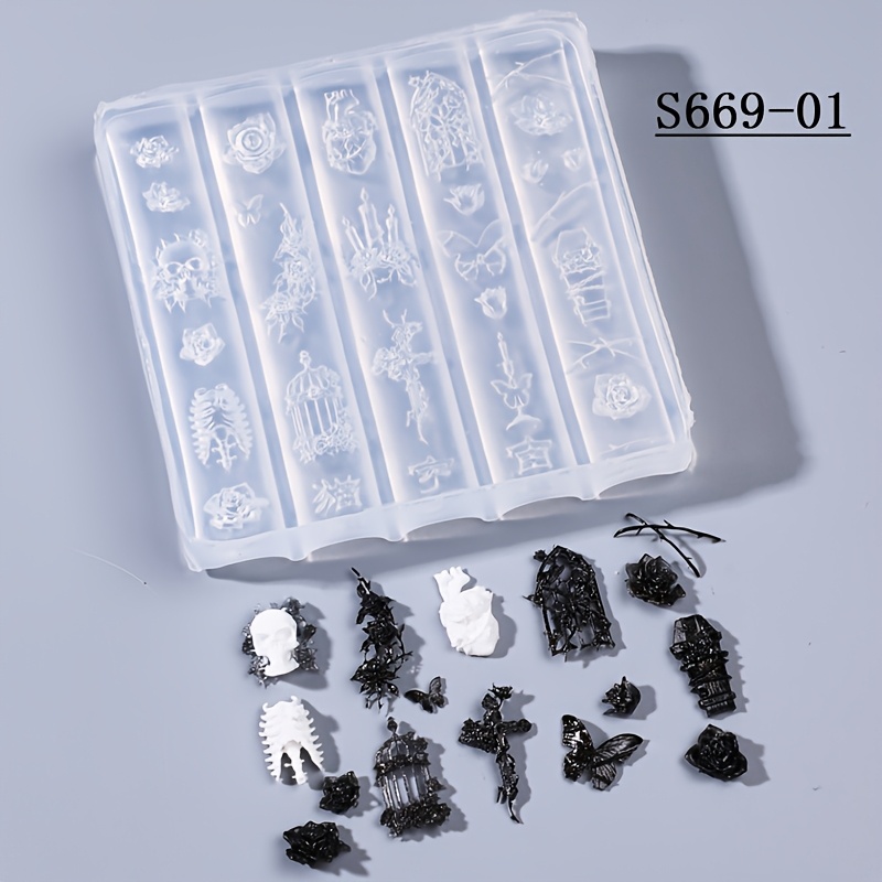 TEMU 1 moule en silicone résine, modèle de silicone pour ongles gothiques avec crâne d'Halloween, , chandelier, cage à oiseaux et de papillons, moule