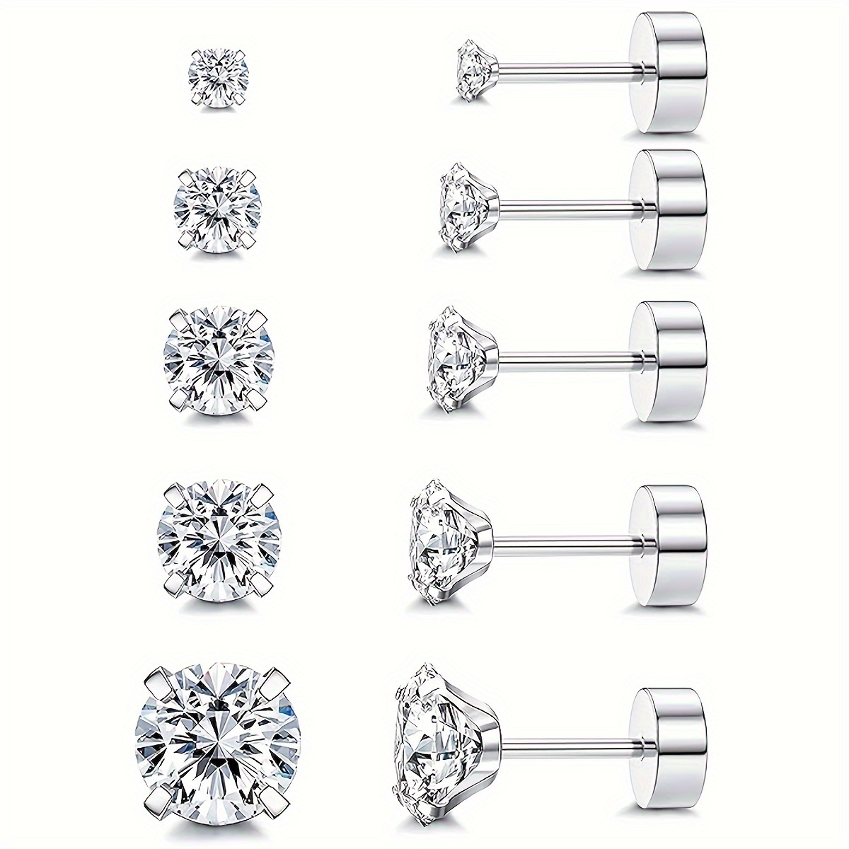 

5-pair Hypoallergenic Stainless Steel Stud Earrings Set For - Cubic Zirconia, Flat , Surgical Steel Cartilage Compatible, 2mm-6mm