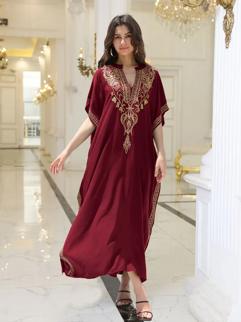 Plus Size - Plus Size - * Plus Size Embroidered Printed * V-Neck Batwing Sleeve Kaftan Dress, Casual Comfortable Summer Short Sleeve Side Slit Beach Dress for Vacation Q1735 Plus Size - Plus Size - * Plus Size Embroidered Printed * V-Neck Batwing Sleeve Kaftan Dress, Casual Comfortable Summer Short Sleeve Side Slit Beach Dress for Vacation Q1735
