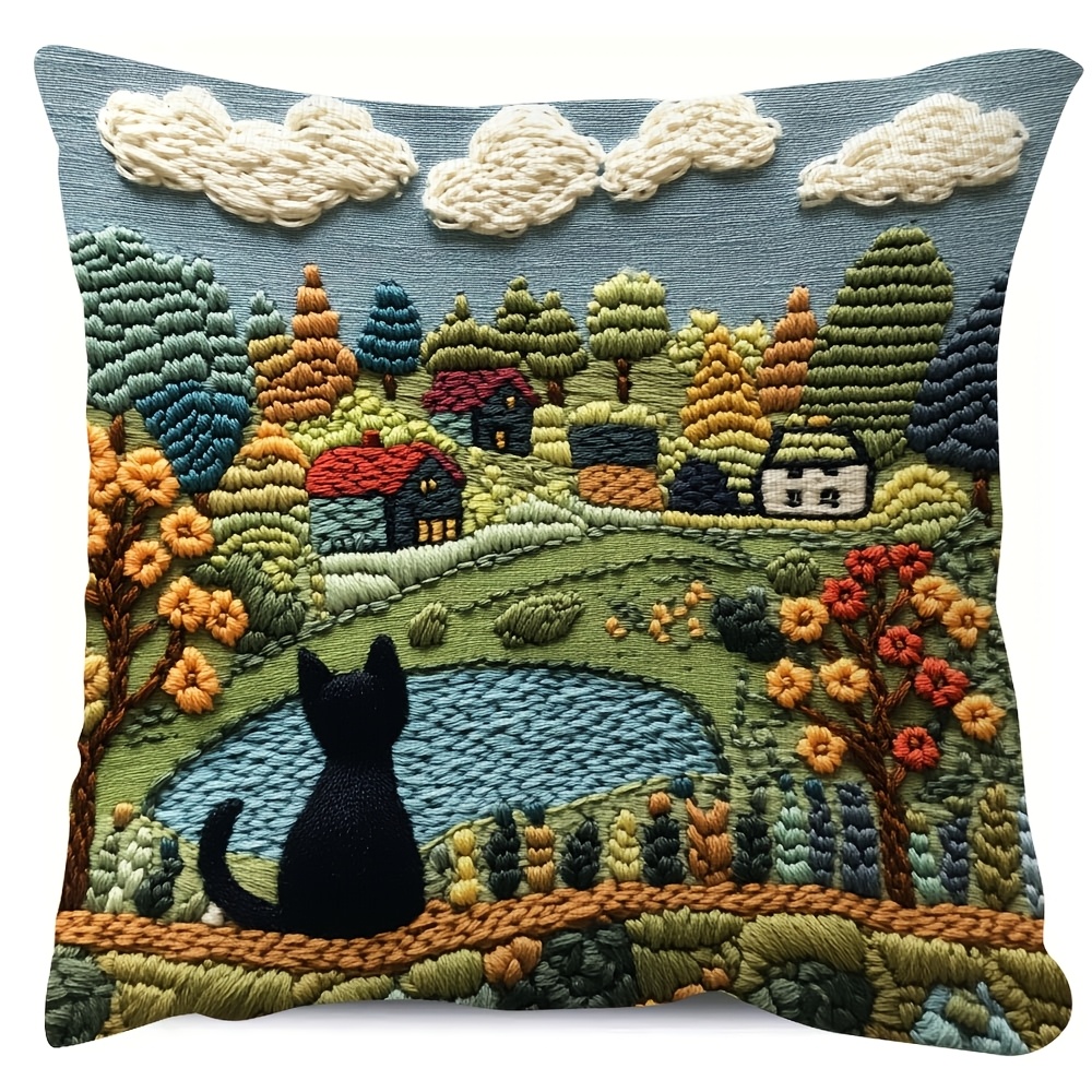 

1pc Cozy Cat Landscape Throw Pillow Cover, 18x18 Inch, Super Soft Short Plush, Vintage Style, Zippered, Ideal For Sofa & Bed Decor - Hand Washable, Polyester (no Insert)