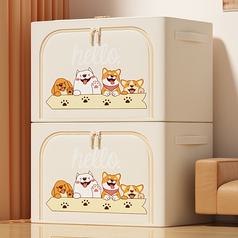 

1pc Bohemian Polyester Storage Bin, Foldable Closet Organizer Box For Clothes Blankets Sundries Toys, Home Essentials, With Cute Dog Print And "hello" Greeting, Beige