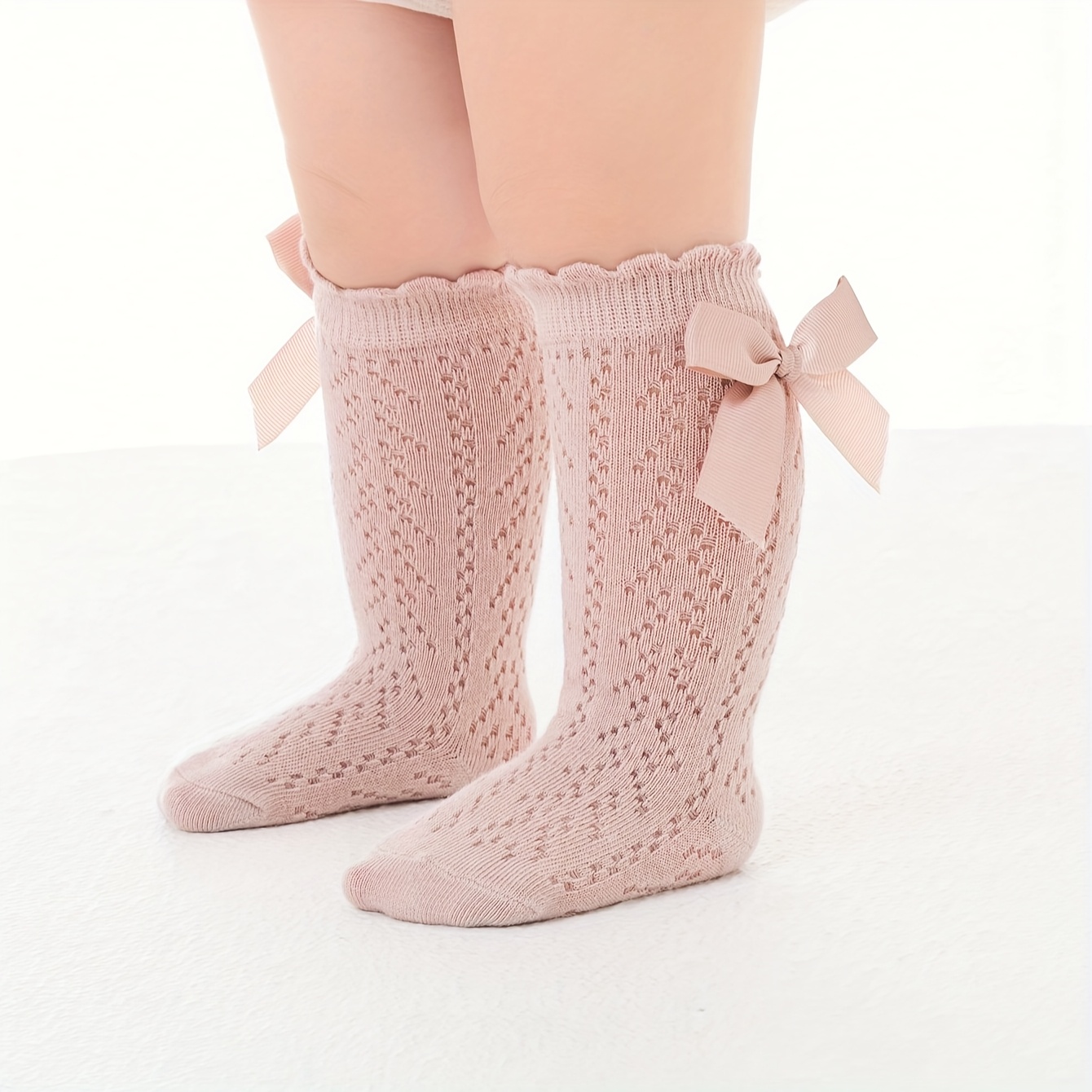 E-shop 1 Paar beige knielange Prinzessinnensocken mit Schleifen für neugeborene Baby-Mädchen, hohe Strümpfe