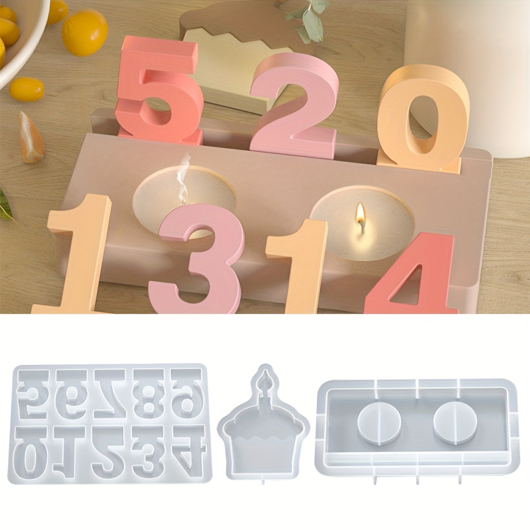 

Silicone Resin Casting Molds Set With Number Shapes And Candle Holder Base, Irregular Silicone Molds For Plaster, Concrete, Birthday Candle Holder Casting, Tea Light Candle Holder Mold Kit (3 Pieces)