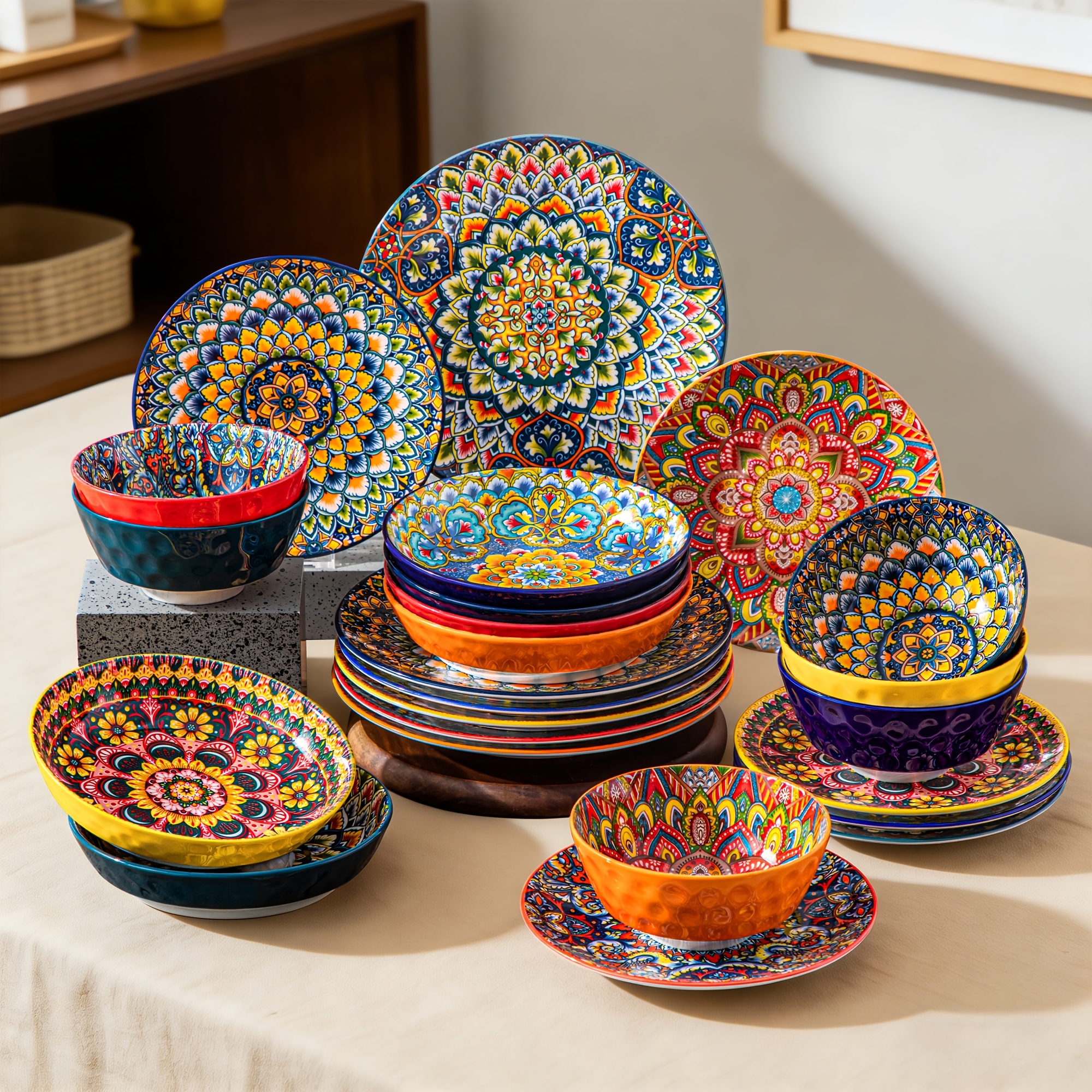 Image of 24pcs Bohemian Ceramic Dinnerware Set | 6 Dinner Plates, 6 Dessert Plates, 6 Soup Plates, 6 Cereal Bowls | Colorful Kitchen Dishes For 6 People
