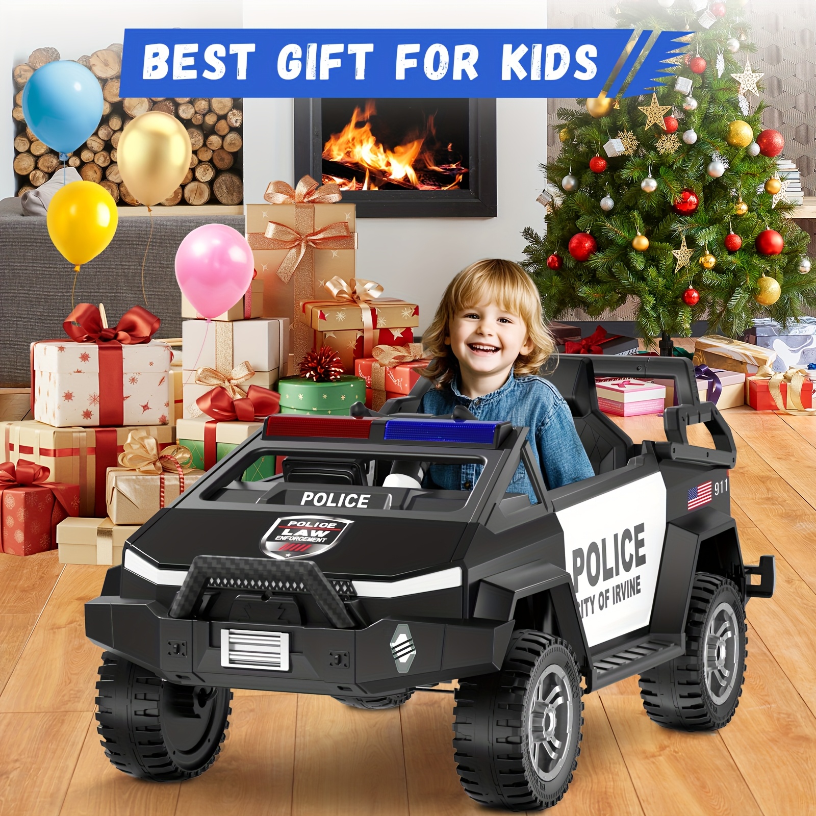 24V Youngsters' Remote-Controlled Police Car with Remote Control, Alarm, Flashing, Music, Spring Suspension, Suitable for 3-8-year-old Girls and Boys' Birthdays or Various Holiday Gifts