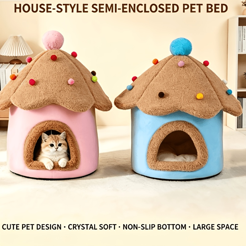 cute shaped house pet nest   enclosed cat villa cat hideaway shelter warm closed pet bed for winter suitable for cats small dogs Product details 0