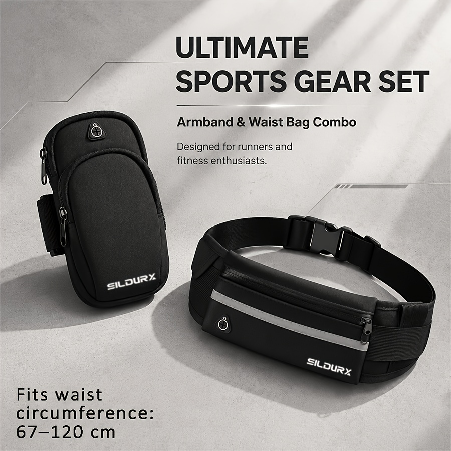 TEMU Storage Combo Set, 1pc Running Waist Bag And 1pc Armband Phone Pouch, Fitness Storage Pack For Cycling Workout