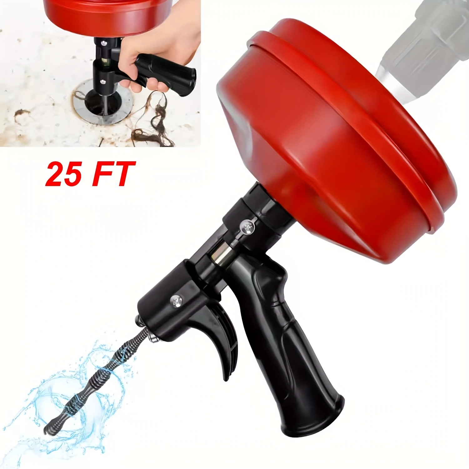 TEMU 1 Set Electric And Manual 2-in-1 Drain Auger With 25ft Spiral Head, Durable And Flexible, For Sink, Bathtub, Floor Drain, Pipe Manual Or Powered