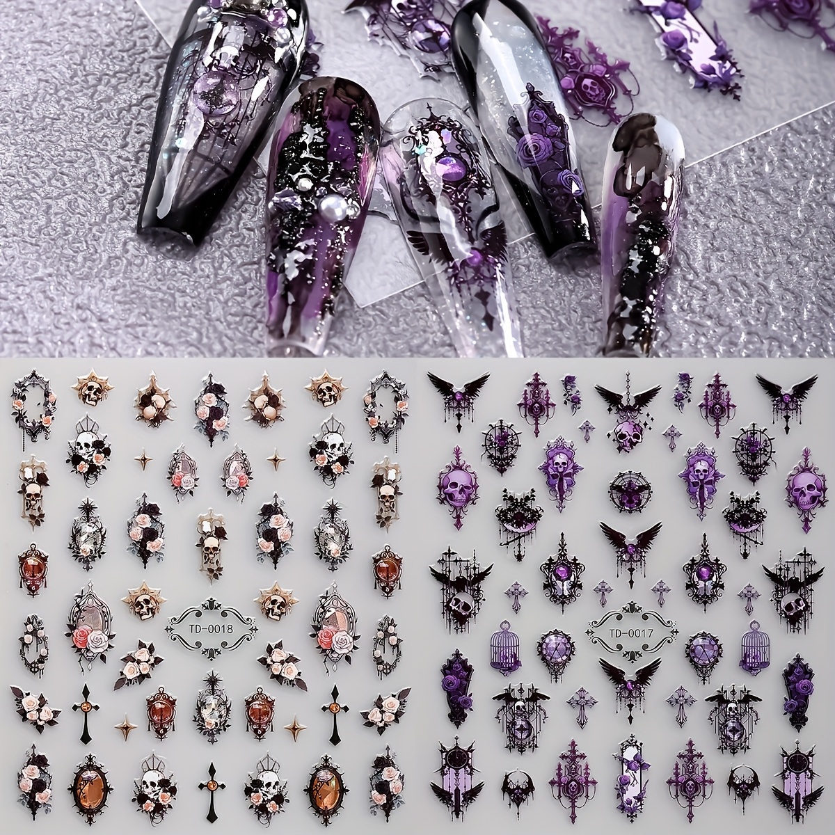 2pcs Gothic Style Nail Art Stickers, 5d Jelly Roses Butterflies Flowers Shiny Self-adhesive Nail Decals For Women Nail Art Supplies
