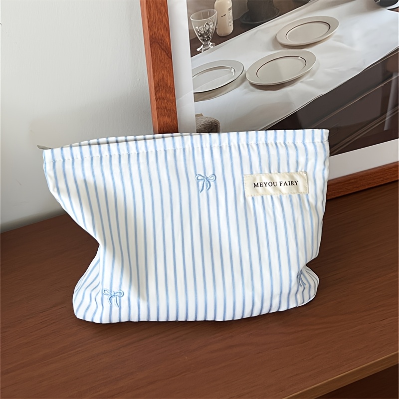 TEMU Simple Light Blue Striped Bow Embroidered Makeup Bag, Women's Travel Essential, Skincare Product Organizer, Cosmetic Pouch Organizer, Travel Bag