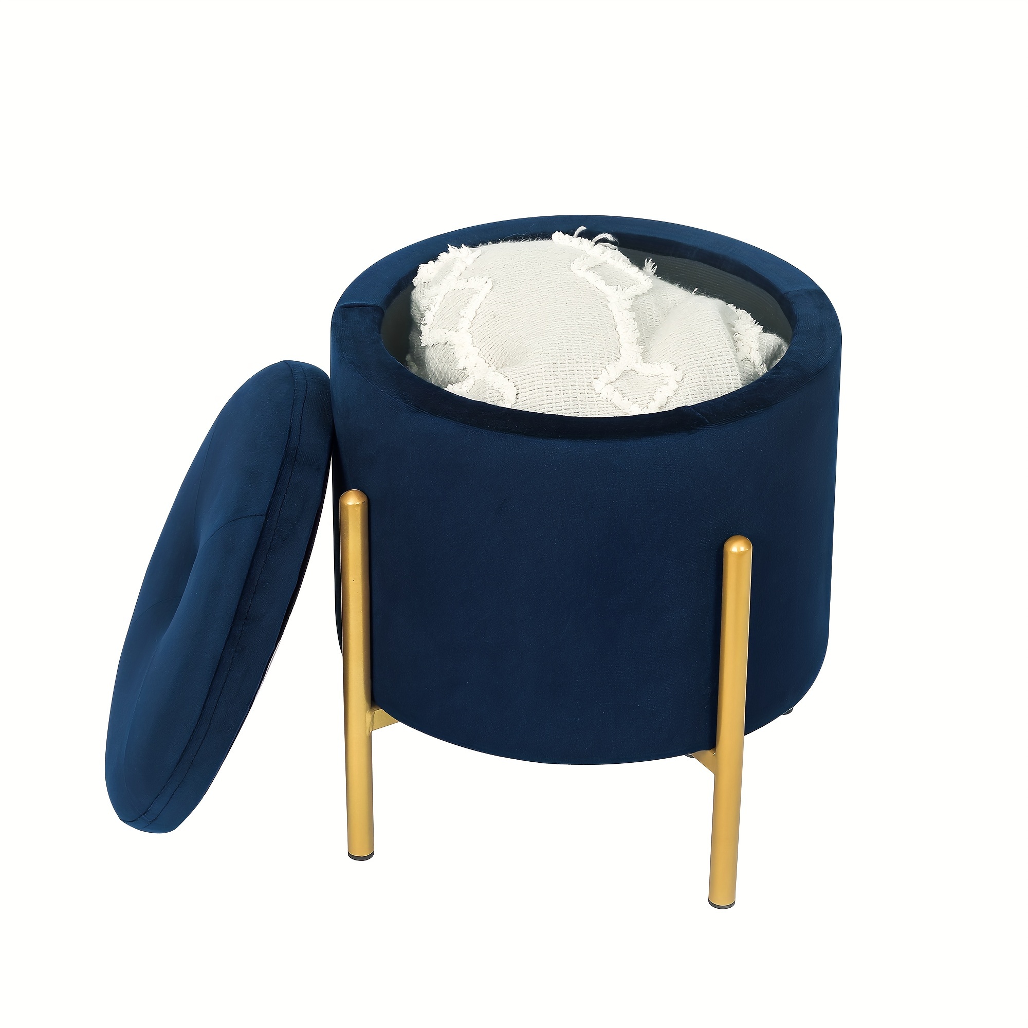 

Blue Tufted Round , Velvet Footstool With Storage Space And Gold Metal Legs, Modern Living Room, Bedroom