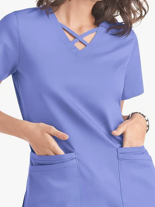 womens light blue v neck short sleeve scrub top with front pocket side hem machine washable non stretch casual workwear for nurses healthcare professionals dental