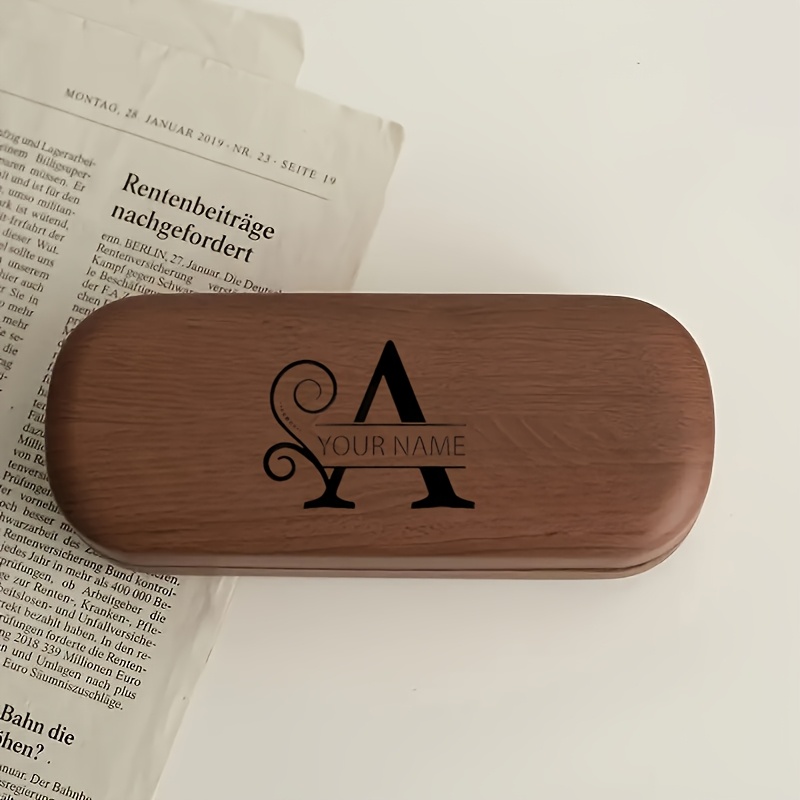 TEMU 1 Wooden Glasses Case - Letter Name Design Details, Retro Style Shock Resistant Glasses Case, Personalized Gift Made Of Wood Material, Suitable