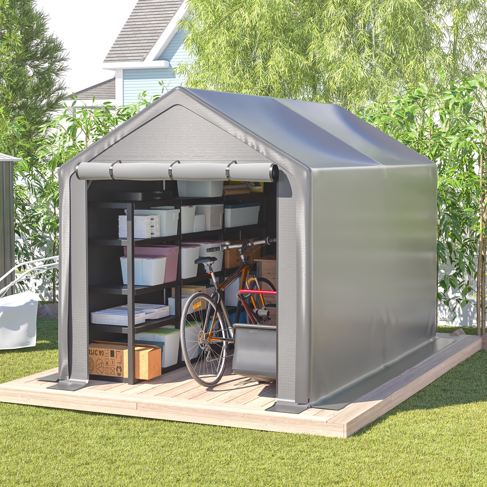Image of Removable Outdoor Bike Storage Shed, Temporary Bicycle Garage Tent, Pe Cover, Silver Gray Garden Storage Tool Tent, Suitable For Storage Of Bicycles, Tools And Firewood, 296*190cm