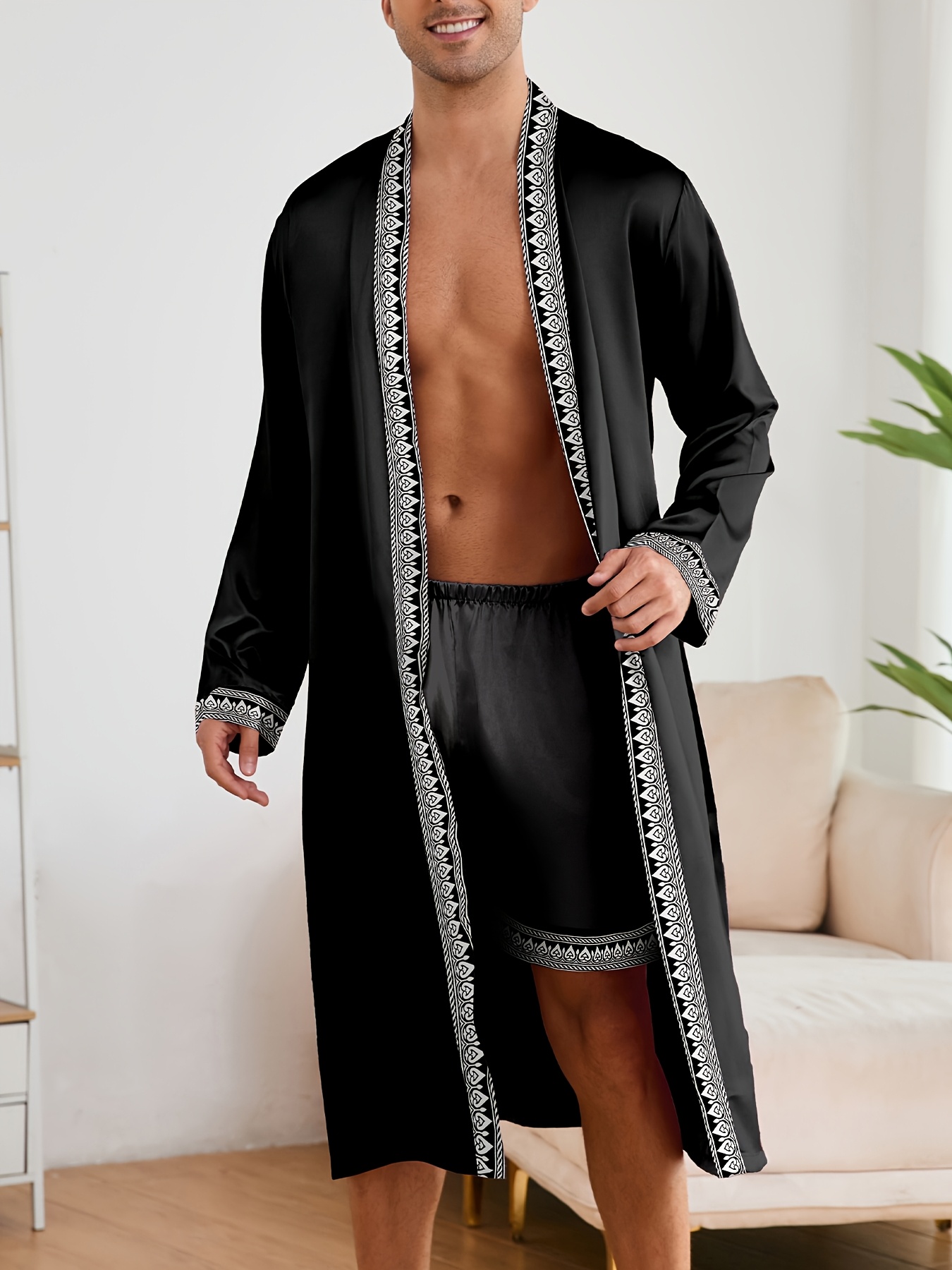 Men'S Casual Comfortable Color-Block Print Long-Sleeve Robe with Belt - Loose Fit, V-Neck, Polyester, Perfect for Spring/Summer/Fall, Relaxed Fit Wear|Color Block Design|Polyester Robe