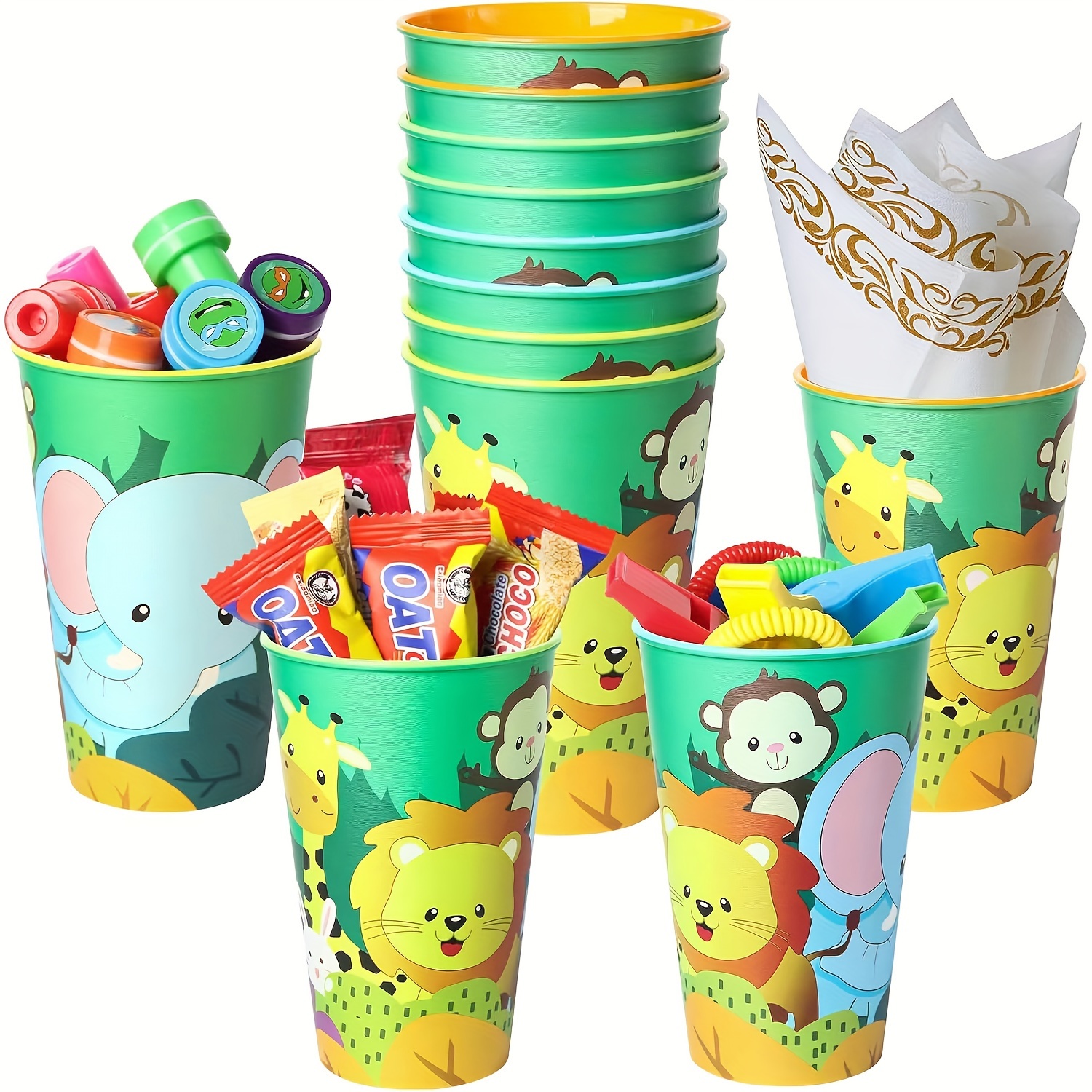 

12pcs Animal-themed Party Favors Cups, In , 16oz Reusable Lion Giraffe Elephant, Monkey Plastic Tumblers Cups For Birthday Party Decoration Supplies