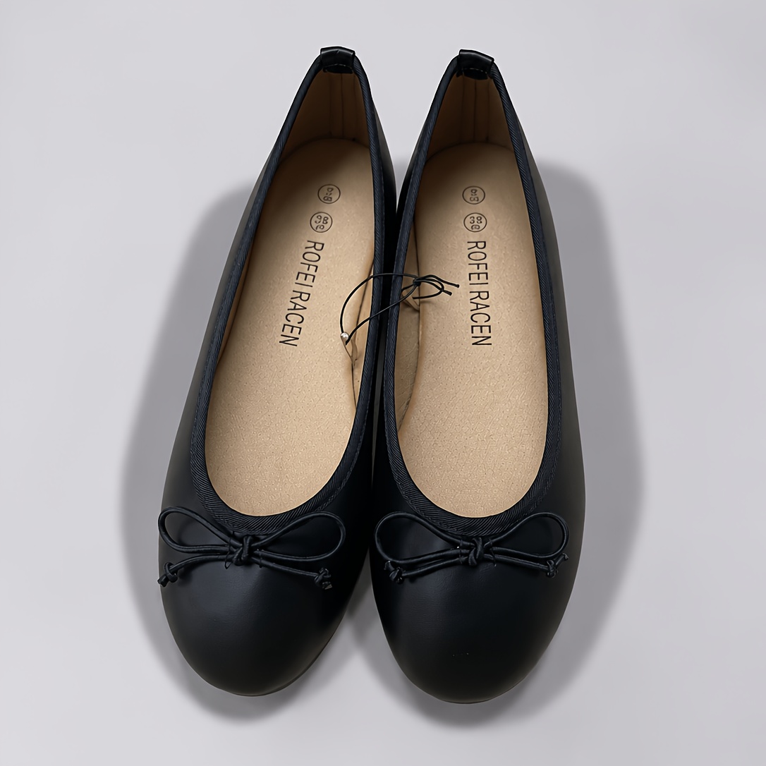 Image of Women's Flat Shoes, Solid Color Pu Upper, Bow Round Toe Comfortable Lightweight Slip-on Dress Shoes, Women Shoes Elegant Women Shoes Shoes