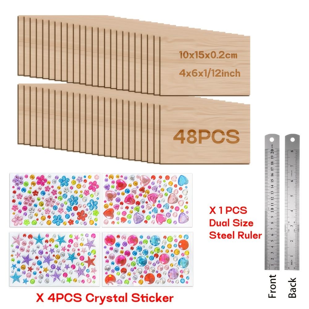 Image of 48pcs Unfinished Blank Wooden Boards, Premium Linden Plywood, Natural Unfinished Lightweight Wood Panels, Craft Wood Sheets For Models, Art Crafts, Painting, Etc., With 4 Sheets Of And 1 Steel Ruler
