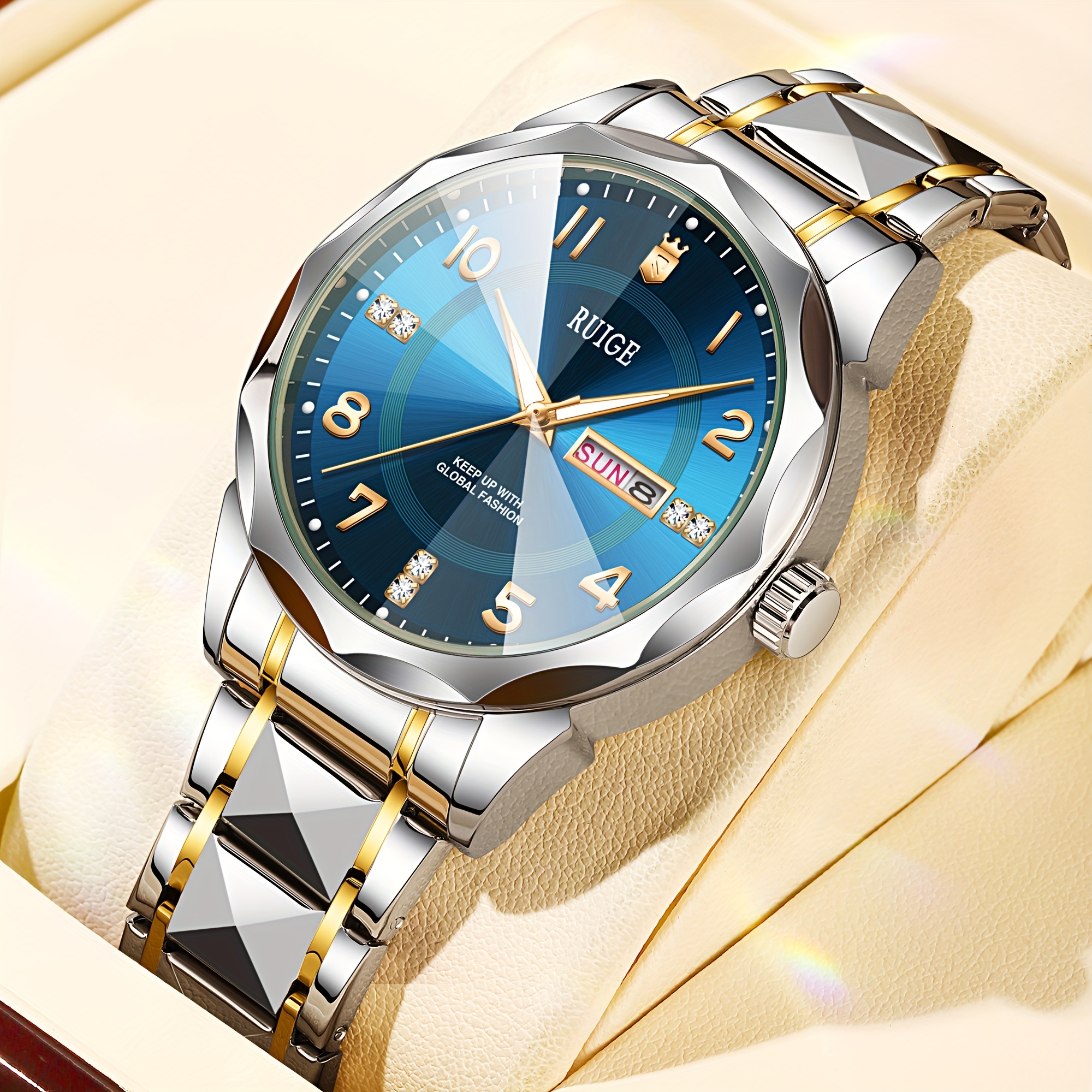 RUIGE Men's Quartz Watch with Night Light, Dual Calendar, Diamond-Shaped Mirror, Stainless Steel Case, Alloy Strap, Multiple Colors
