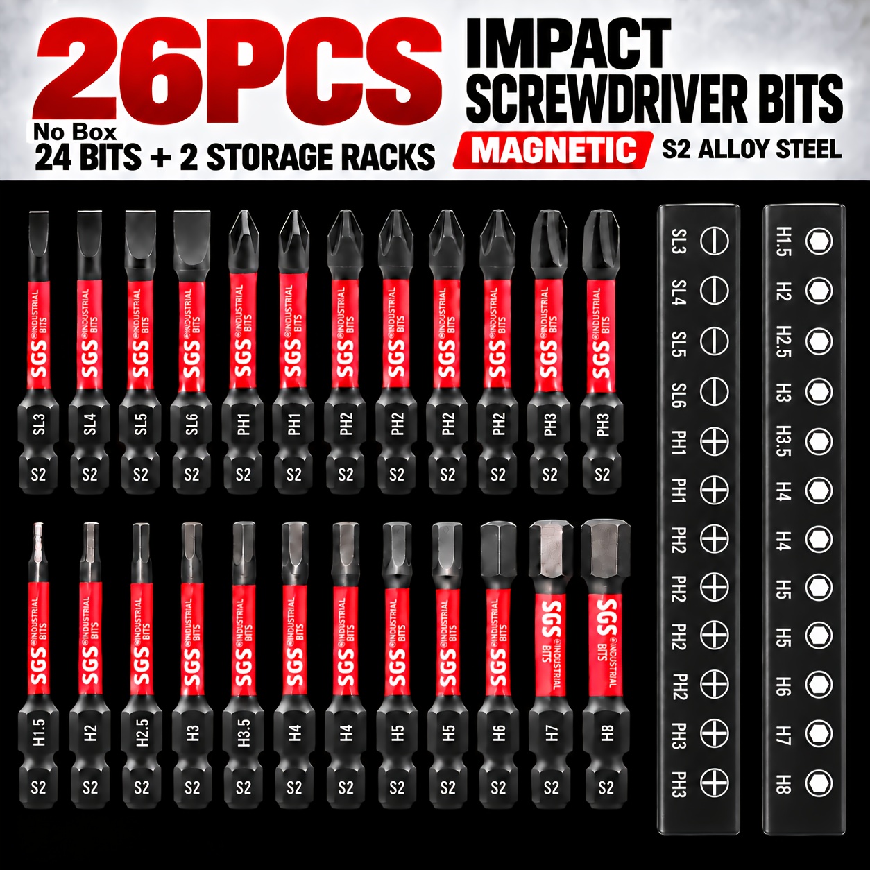 TEMU 26pcs Magnetic Impact Screwdriver Bit Set, S2 Alloy Steel, Phillips Ph, Slotted Sl And Hex, 1/4 Inch Hex Shank, Includes 24pcs Bits And 2pcs