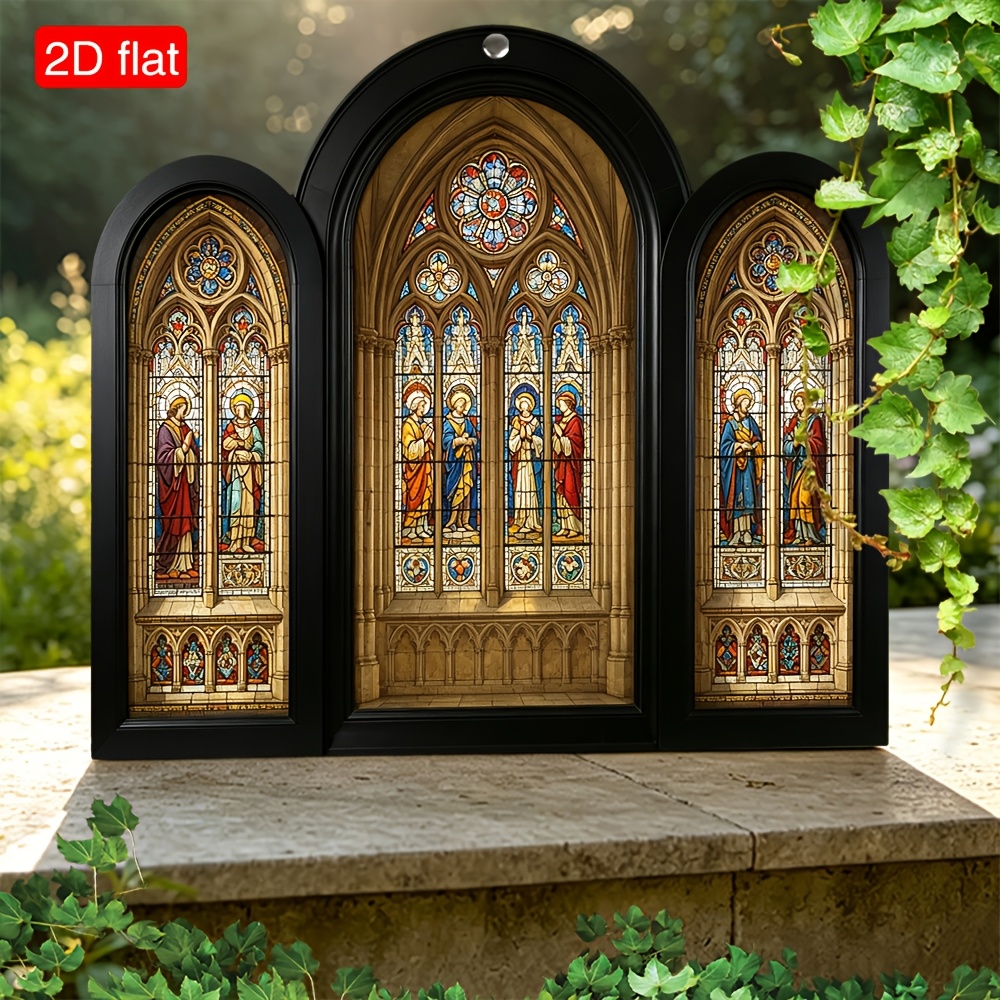 TEMU Plat 2D, 2D, Vitrail d'Église , de Figures Religieuses Ornées, Décoration Murale de Style Européen, Parfait Cadeau, Idéal 9,84 x 11,8 Pouces,