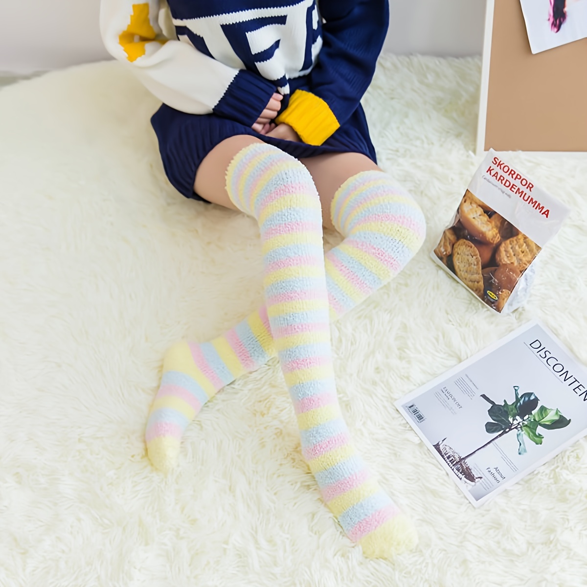 Image of A Pair Of Thick Coral Fleece Over-the-knee Long Socks For Women, Featuring Warm Towel Stripes And Rainbow Patterns, Perfect For Sleep
