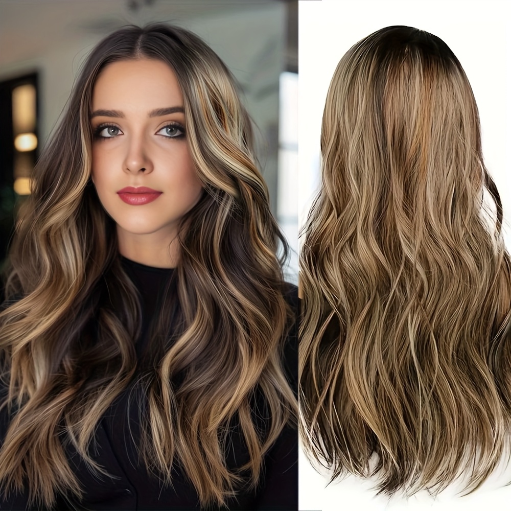 Image of Ombre Brown Long Wavy Wig For Women, Brown To Blonde Gradient, Density Synthetic Heat-resistant, Long Curly Wavy Wig With Dark , For Everyday Party Use