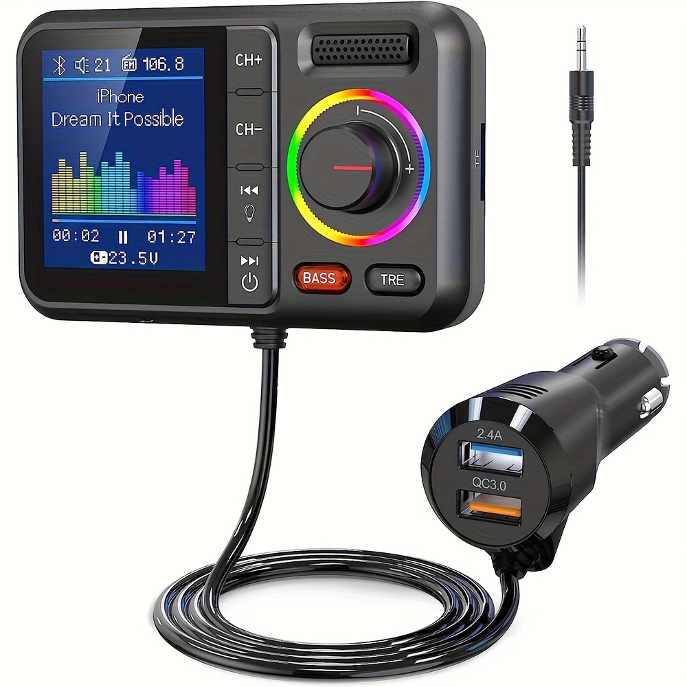 TEMU Smart Car Wireless V5.0 Fm Transmitter With Large Color Screen, Qc3.0 Fast Charger Compatible, Mp3 Music Player, Booster & Low/high Frequency