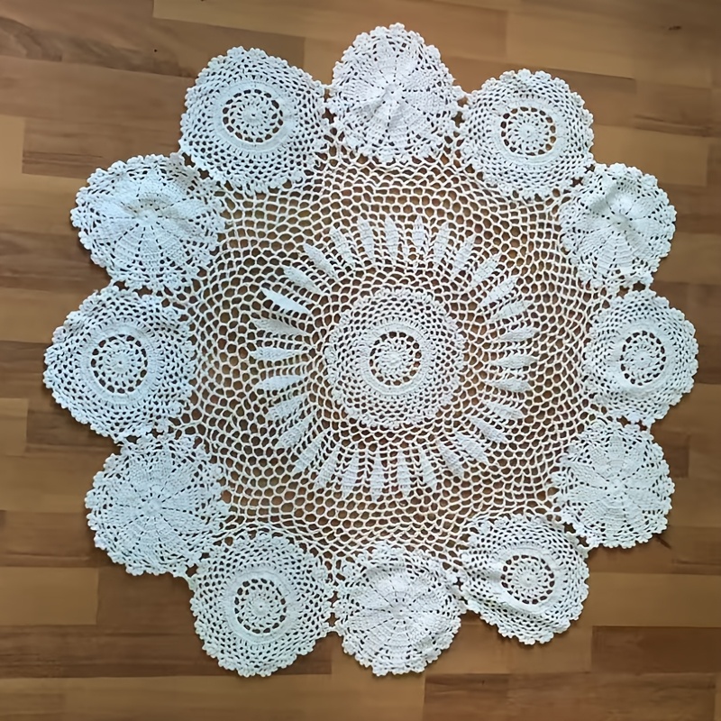 handmade crochet round tablecloth large rustic   machine washable polyester elegant white beige decor for dining and coffee tables table decor 0