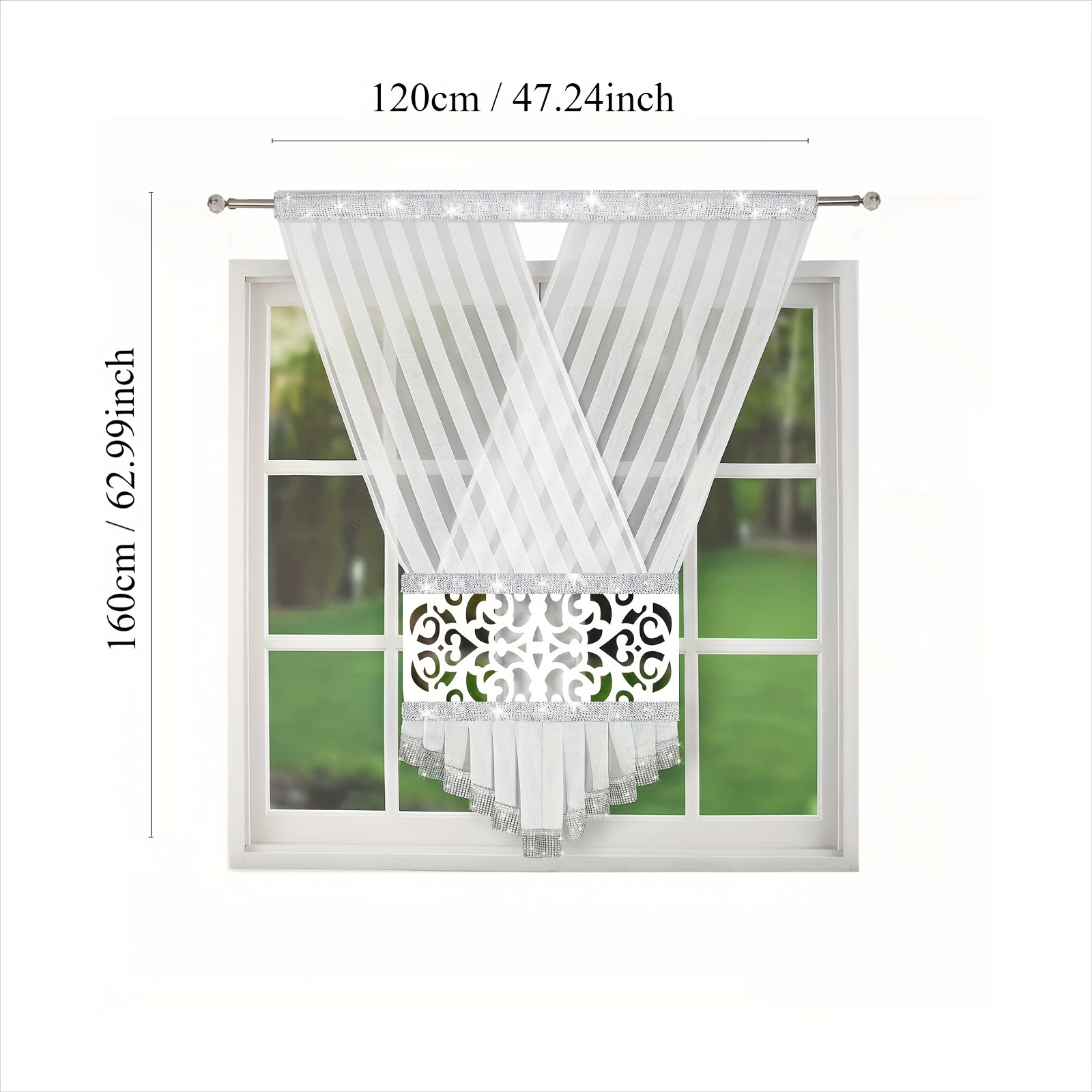 Image of 1 Set Striped Gauze Fabric With Carved Hollow-out Pattern And Rhinestone Embellishments For Kitchen, Bedroom, Living Room Window Curtains And Window Decoration