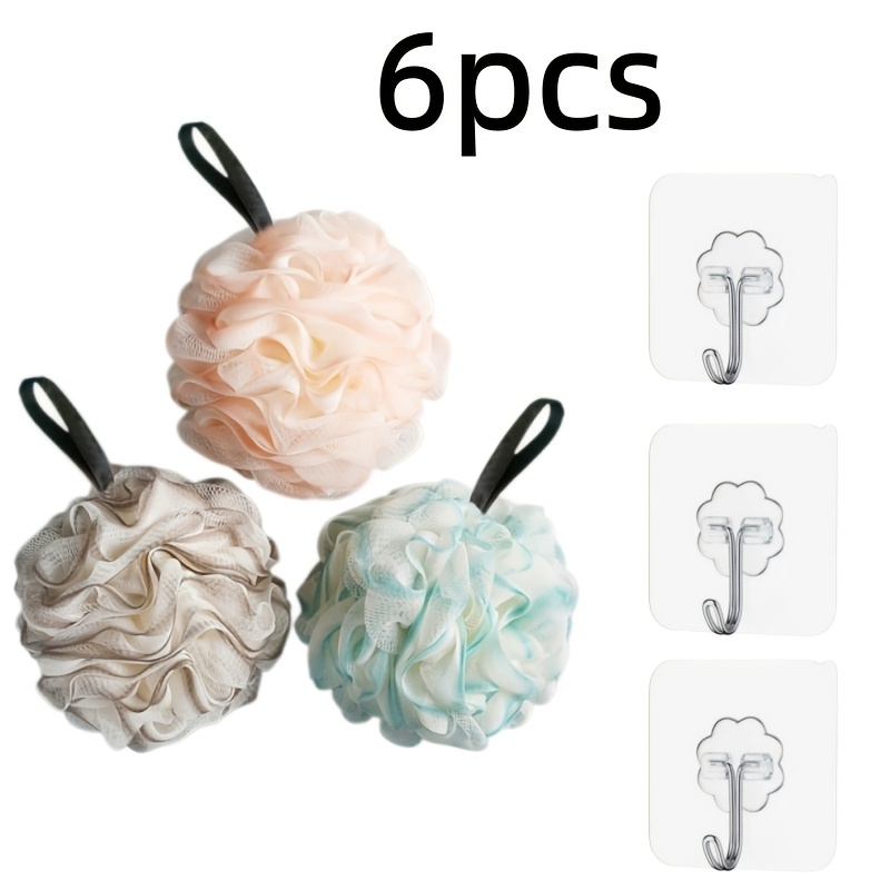 TEMU 6pcs Set (3pcs Shower Balls And 3pcs Clear Hooks) Non-scatterable Shower Ball, Soft Pe Shower Scrubber With Pearl, Bubble Bath Towel, Shower
