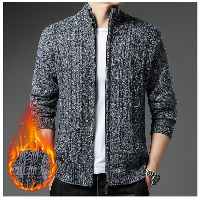Men's Warm Cable-Knit Sweater Jacket - Winter Business Casual Coat with Stand Collar, Machine Washable Sweater for Office, Gym & Daily Wear - Cable-Knit Front Panel (No Belt Required) - Autumn/Winter