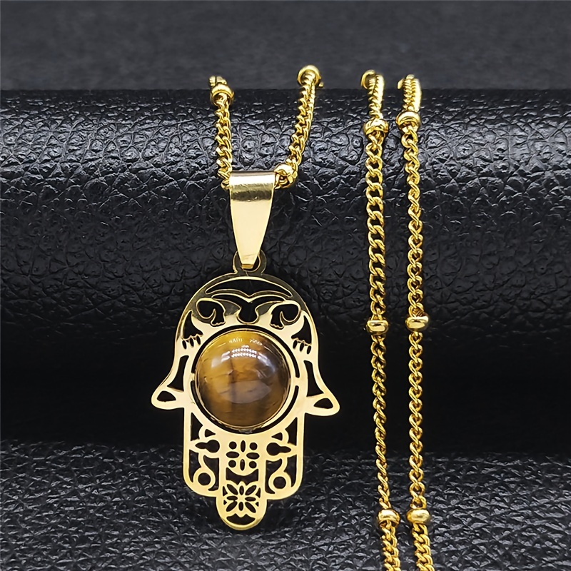 Image of Islam Hand Eye Stone Necklaces Stainless Steel Women/men Turkey Evil Eyes Necklace Jewelry Gifts N7028s05