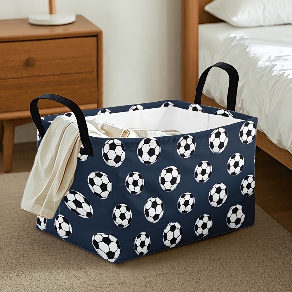 TEMU 1pc Open Storage Box Navy Blue Soccer Ball Print Rectangular Laundry Baskets, Classic Football Pattern Collapsible Fabric Shelf Baskets With