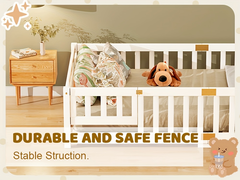 Twin Toddler Floor Bed, Twin Floor Bed Frames for Girls/Kids/Baby, Floor Bed for Toddlers 1-3 Years Old, Floor Bed with Rails & Lockable Door, Twin Size Floor Bed - White