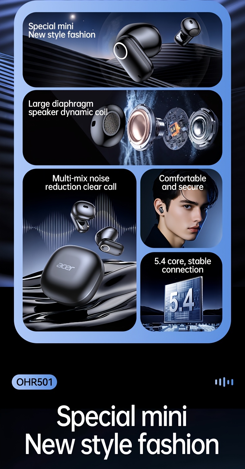 Wireless Earbuds, Wireless 5.4 Bass Stereo Headset | with Noise Cancelling Microphone, LED Display, Touch Control, Pure Bass Sound, Suitable for Laptop, Mobile Phone, Exercise, Gift Recommendations | by ACER