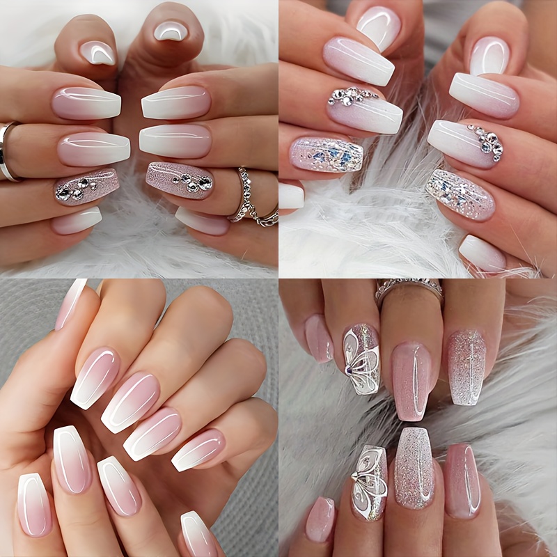 

96 Pieces/4 Packs Long Coffin Press On Nails Nail Art Set, , French Tip, Long, Gradient Ombre, Glitter Finish, Diamond Accent, White And Pink Combination